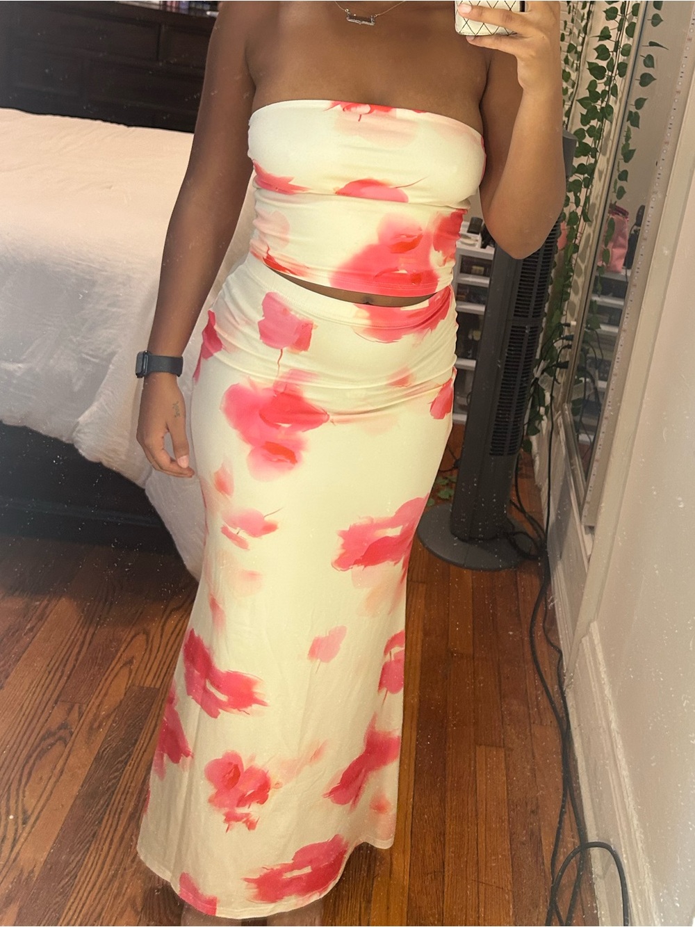 Strapless Floral Two Piece Maxi Set in Cream and Pink